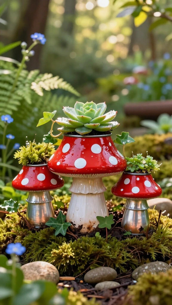 Upcycled tin can mushroom planters