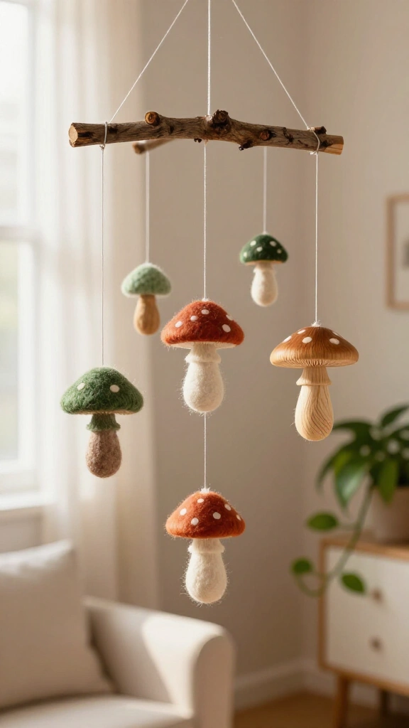 Hanging twig & mushroom mobile