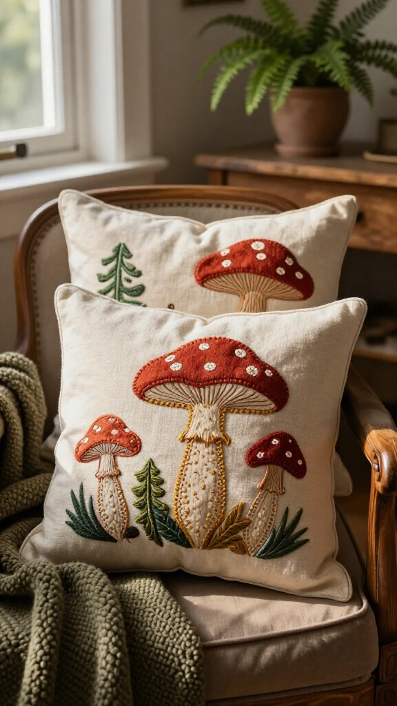Mushroom stenciled canvas pillows